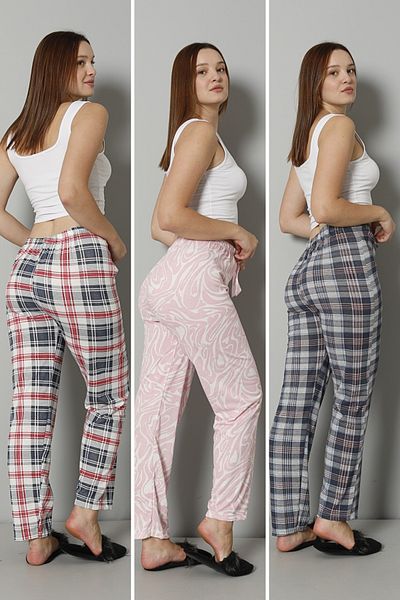 DONEX 3-Piece Cotton Thin Breathable Fabric Ribbon Waist Detailed Printed Women's Pajamas Bottoms