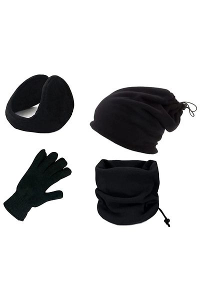 Eke Set of 4 Cold-Proof 2-Piece Fleece Neck Collar, Headphones and Knitted Cut-Off Gloves