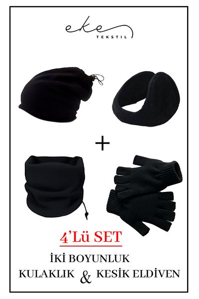 Eke Set of 4 Cold-Proof 2-Piece Fleece Neck Collar, Headphones and Knitted Cut-Off Gloves