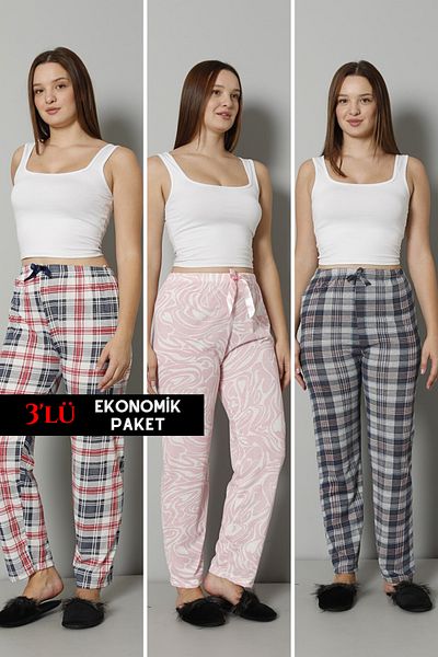 DONEX 3-Piece Cotton Thin Breathable Fabric Ribbon Waist Detailed Printed Women's Pajamas Bottoms