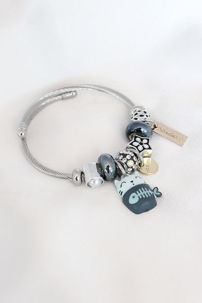 E BULURUM Blue Cat Figure Star Detail Silver Color Charm Steel Women's Bracelet