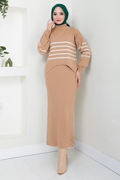 ModaMerve Combinație de rochii Hijab cu dungi Latte - 9014UZ1029-M