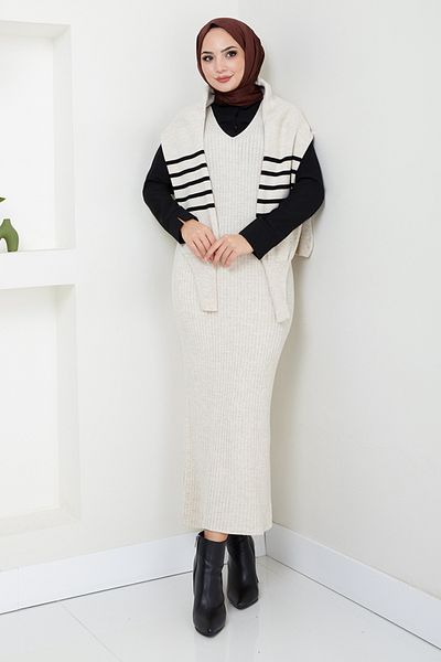 ModaMerve Hijab Dress Striped Combination - 9014Uz1029-M Stone