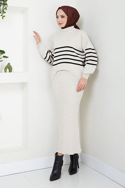 ModaMerve Hijab Dress Striped Combination - 9014Uz1029-M Stone