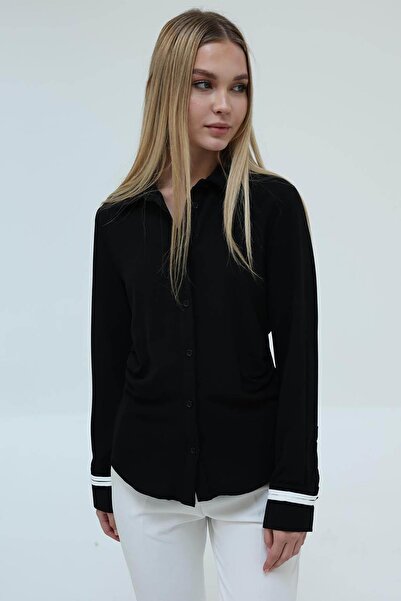 TENA Women's Black Gather Detailed Crepe Shirt