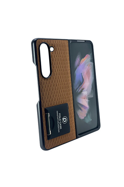 Nettech Samsung Galaxy Z Fold 5 Uyumlu Suni Deri Arka Koruma Kılıf - Kahverengi