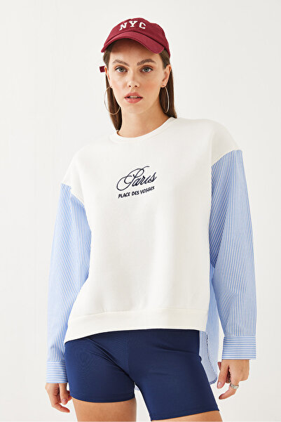 Bianco Lucci Kadın Bisiklet Yaka Gömlek Kol Garnili 3 İplik İçi Şardonlu Nakışlı Sweatshirt 60351001