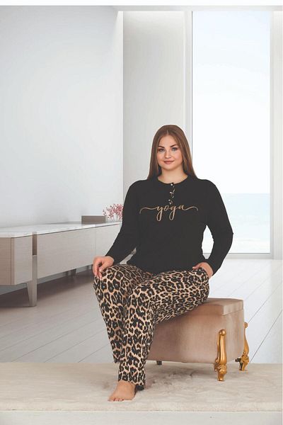Lady Leopard Patterned Buttoned Plus Size Pajama Set