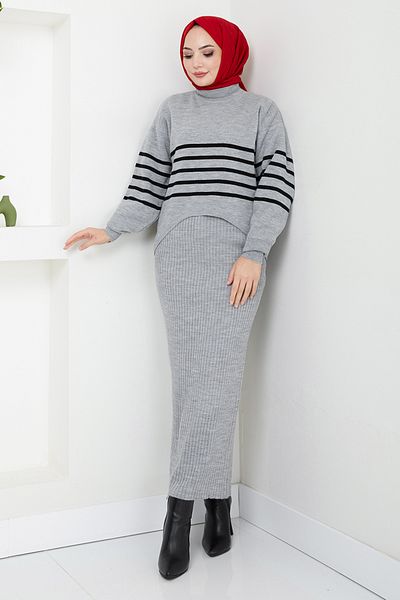 ModaMerve Gray Striped Hijab Dress Combination - 9014Uz1029-M