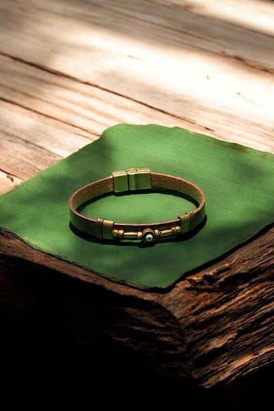 etniko Brown Leather Bracelet - Evil Eye Bead - Special Design