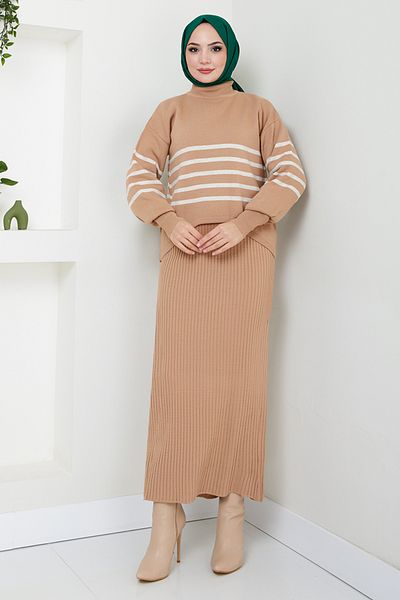 ModaMerve Combinație de rochii Hijab cu dungi Latte - 9014UZ1029-M