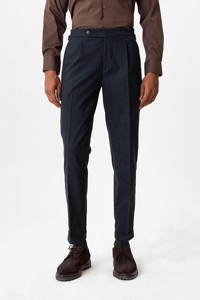Antioch Navy Blue High Waist Pleated Double Leg Men's Trousers