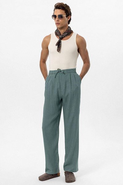 Antioch Green Waist Tied Linen Blended Baggy Men's Trousers