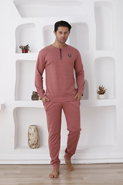 ERDENİZ TEKSTİL Men's Long Sleeve Pajama Set with Buttons and Pockets - Elasticized Sleeve and Leg - Fall/Winter Season