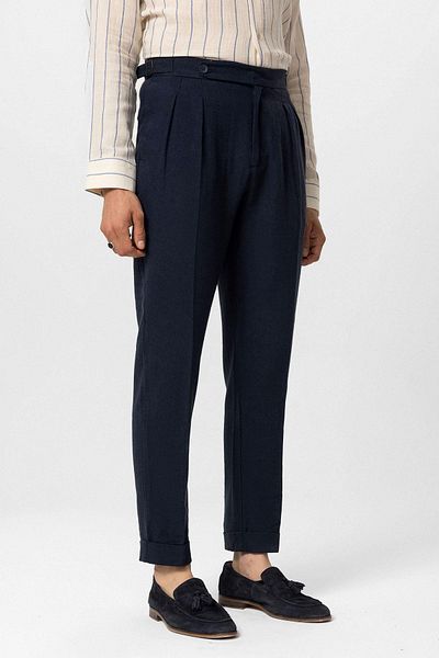 Antioch High Waist Linen Blended Navy Blue Men's Double Leg Trousers