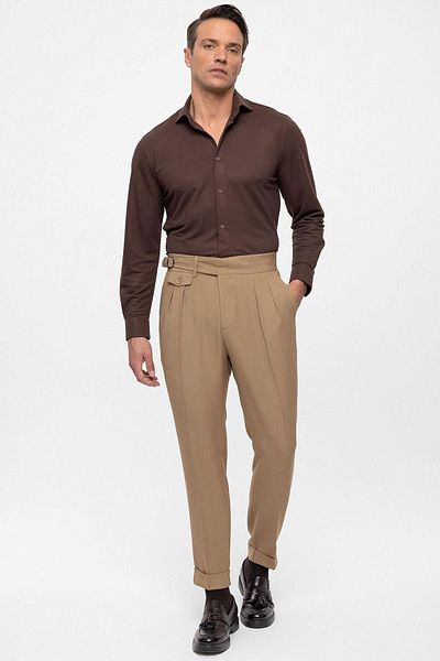 Antioch Camel High Waist (BOYFRİEND) Pleated Fabric Trousers with Buckle Belt
