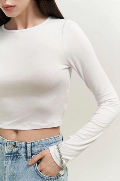 TENA Women's Ecru Long Sleeve Crew Neck Crop Blouse