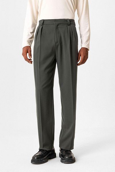 Antioch Khaki High Waist Pleated Relaxed Fit Baggy Men's Trousers