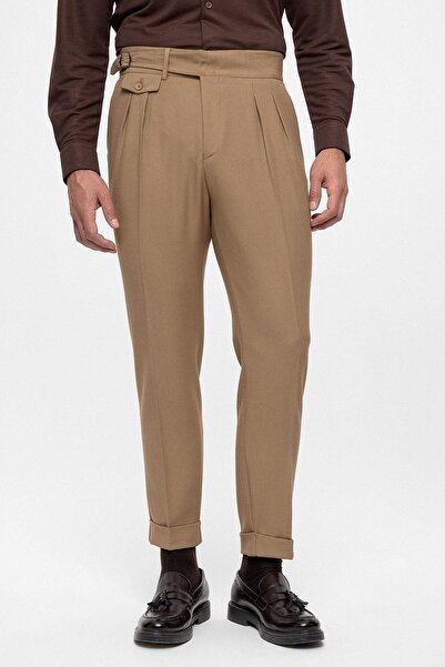 Antioch Camel High Waist (Boyfriend) Pleated Fabric Trousers with Buckle Belt