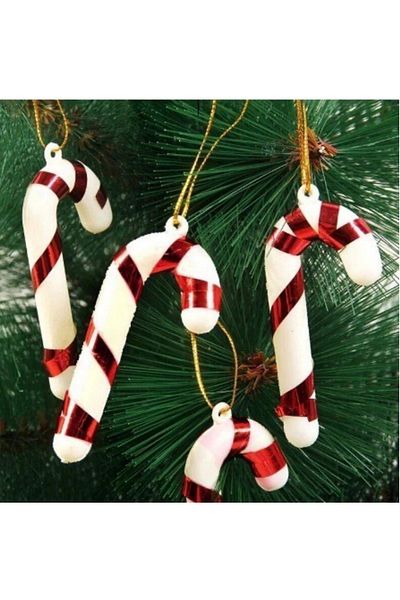 Deniz Party Store New Year's 6-Piece Plastic Walking Stick Tree Ornament - 9 cm White and Red