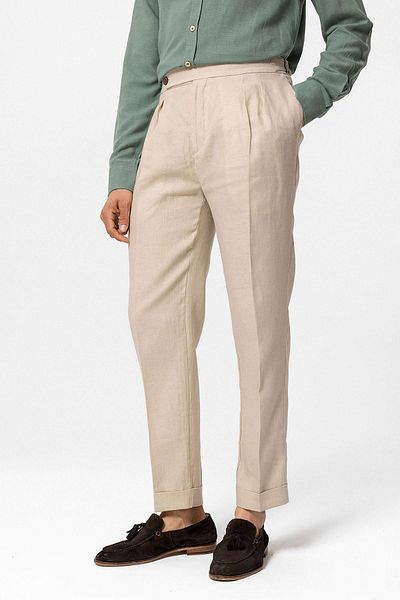 Antioch Beige High Waist 100% Linen Pleated Men's Trousers