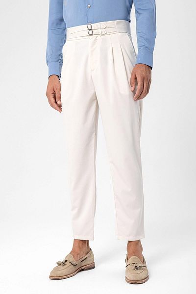 Antioch Ecru High Waist Buckle Belt Pleated Fabric Trousers