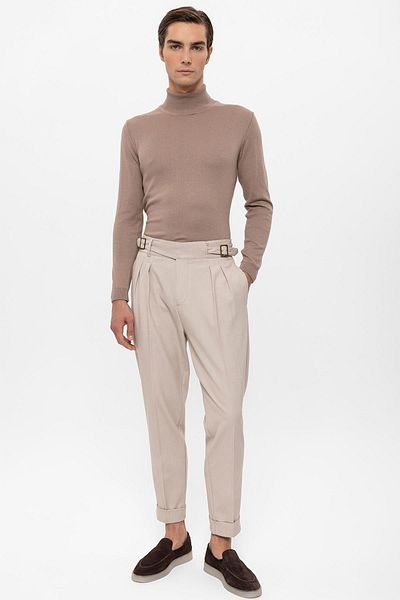 Antioch Light Beige Buckle Detailed Pleated Men's Trousers
