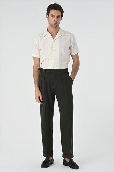 Antioch Khaki Buckle Detailed Pleated High Waist Men's Trousers