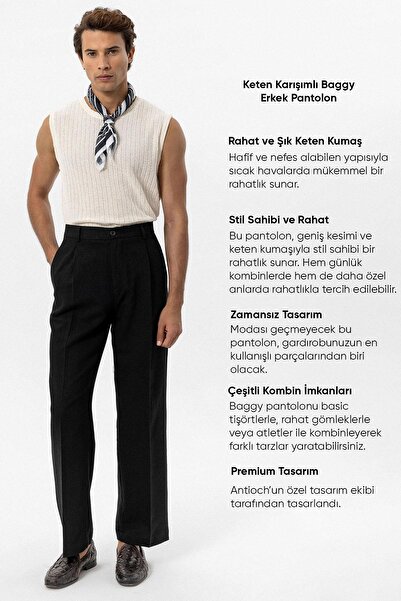 Antioch Black Linen Blended Baggy Men's Trousers