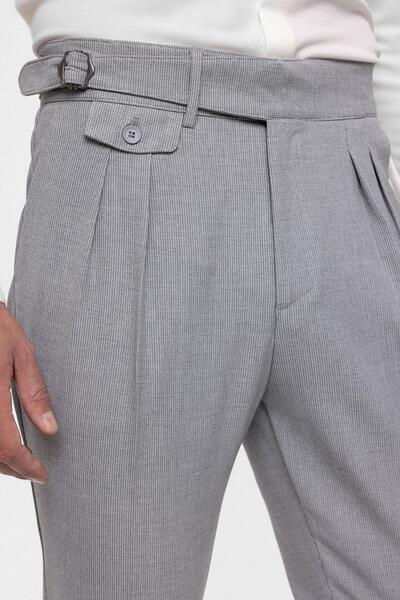 Antioch Light Gray High Waist (Boyfriend) Pleated Fabric Trousers with Buckle Belt