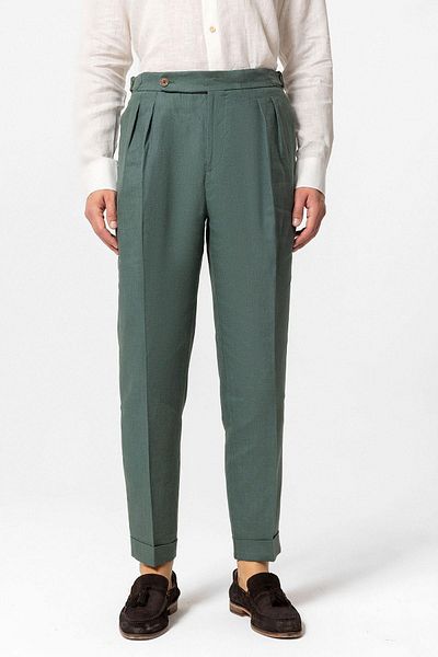 Antioch Green High Waist 100% Linen Pleated Men's Trousers