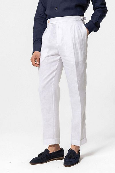 Antioch White High Waist 100% Linen Pleated Men's Trousers