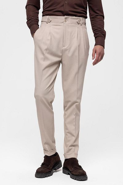 Antioch Dark Beige High Waist (BOYFREND) Pleated Fabric Trousers