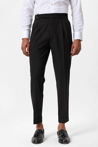 Antioch Dark Brown Men's Trousers with High Waist and Buckle Closure Detail