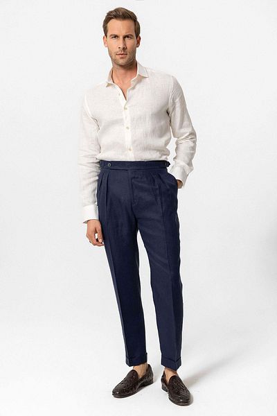 Antioch Navy Blue High Waist 100% Linen Pleated Men's Trousers