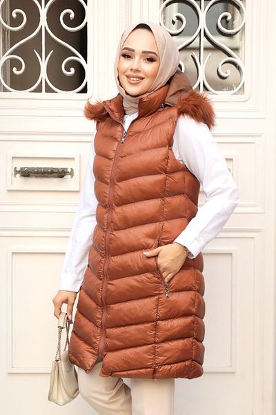Neva Style Dark Tan Hijab Puffer Vest 80171Ktb