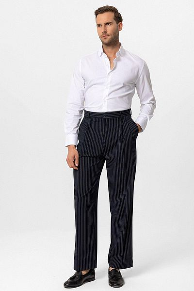 Antioch High Waist Navy Blue Striped Relax Fit Men's Trousers
