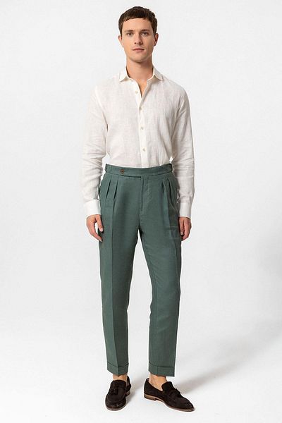 Antioch Green High Waist 100% Linen Pleated Men's Trousers
