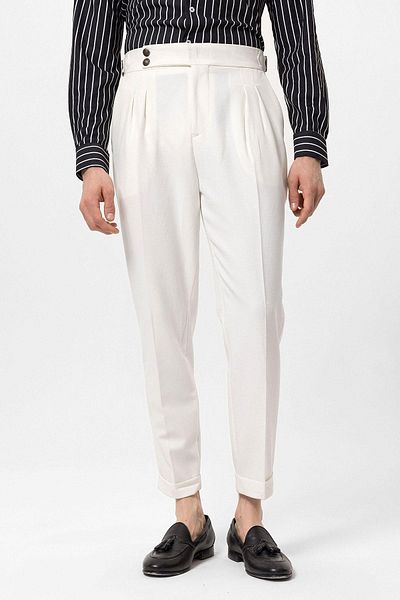 Antioch Ecru High Waist Side Buckle Pleated Fabric Trousers