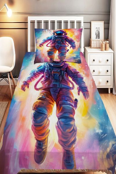 Else Halı Colorful Astronaut Space Pattern Children's Decorative Printed Bedspread