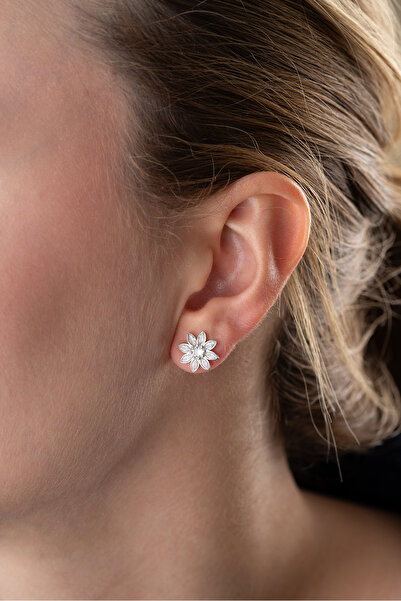 Silvano Jewelry 925 Ayar Gümüş Beyaz Taşlı Lotus Küpe