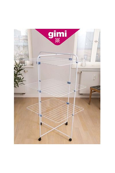 Gimi رف غسيل خطي قابل للطي بثلاثة أرفف - رف تجفيف فولاذي بثلاثة أرفف وست شبكات مستقلة