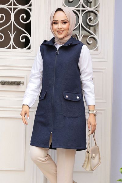 Neva Style Hooded Navy Blue Hijab Vest 80264L