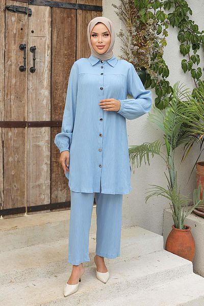 MİSSKAYLE Σετ Hijab Baby Blue με λεπτομέρεια με κορδόνια