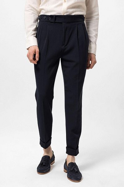 Antioch Navy Blue High Waist Pleated Carrot Fit Men's Trousers