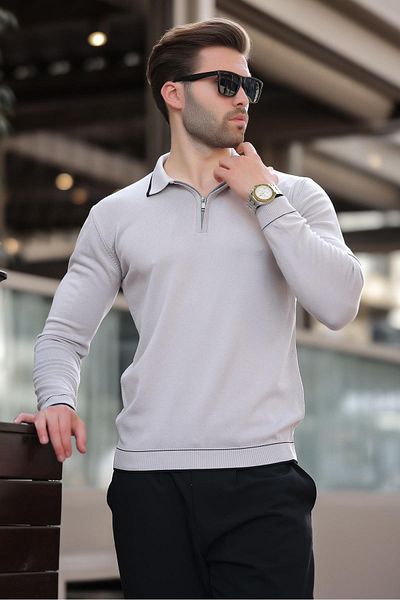 Madmext Gray Zippered Polo Collar Stripe Detailed Long Sleeve Sweater 7267