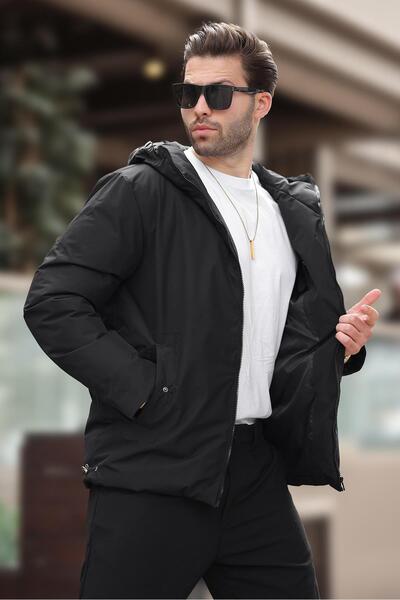 Madmext Siyah Kapüşonlu Cepli Erkek Şişme Mont E7238