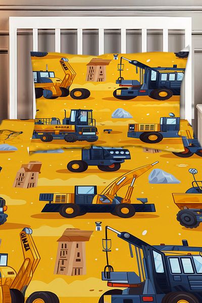 Else Halı Yellow Engineering Vehicles Construction Patterned Boys' Decorative Printed Bedspread