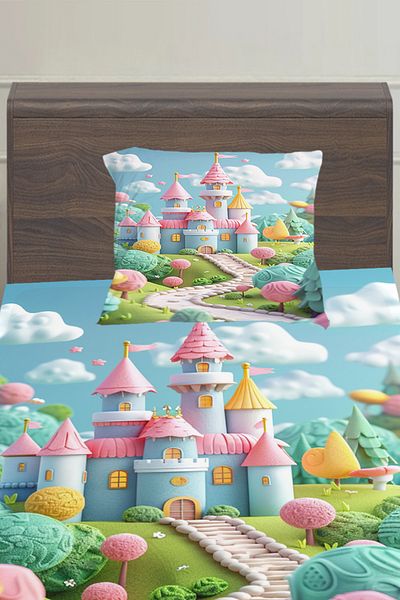 3D ELSE HALI Colorful Castle Patterned Girl's Single Pillowed Elastic Sheet Set 100X200Cm