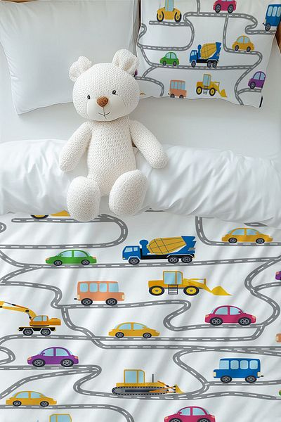 3D ELSE HALI Boy's Single Duvet Cover Set - Construction Machinery Traffic Pattern, Pillow Case